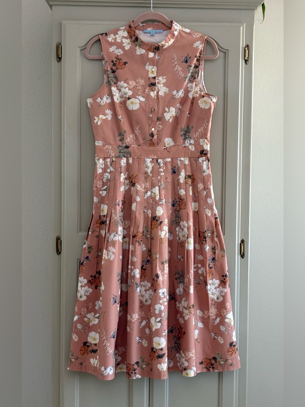 ANTONIO MELANI Connie Pleated Floral Midi Dress | Cotton | Peach | Size 8